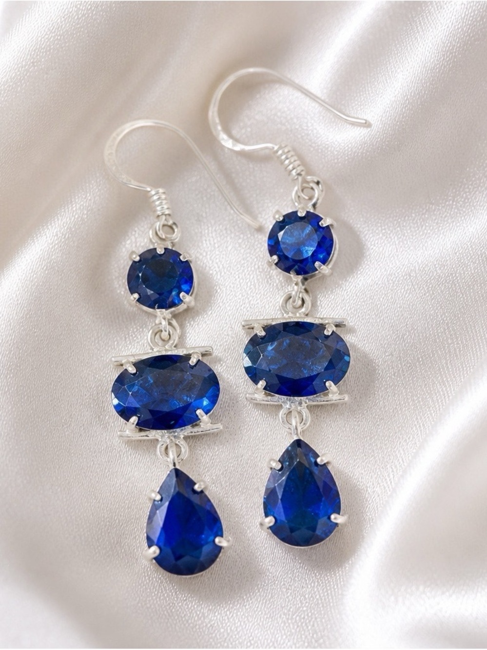 Sterling Silver Dangle Earrings with Royal Blue Gemstones